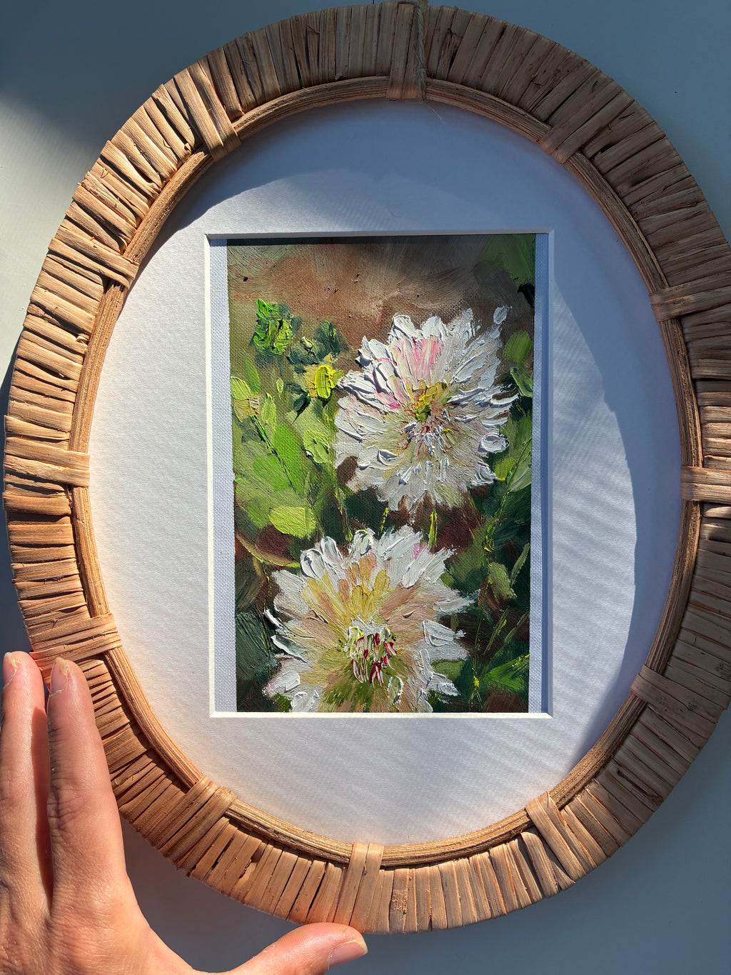 A Day in My Garden – Oil on Paper 5x7, Framed in Rattan Oval 11x13