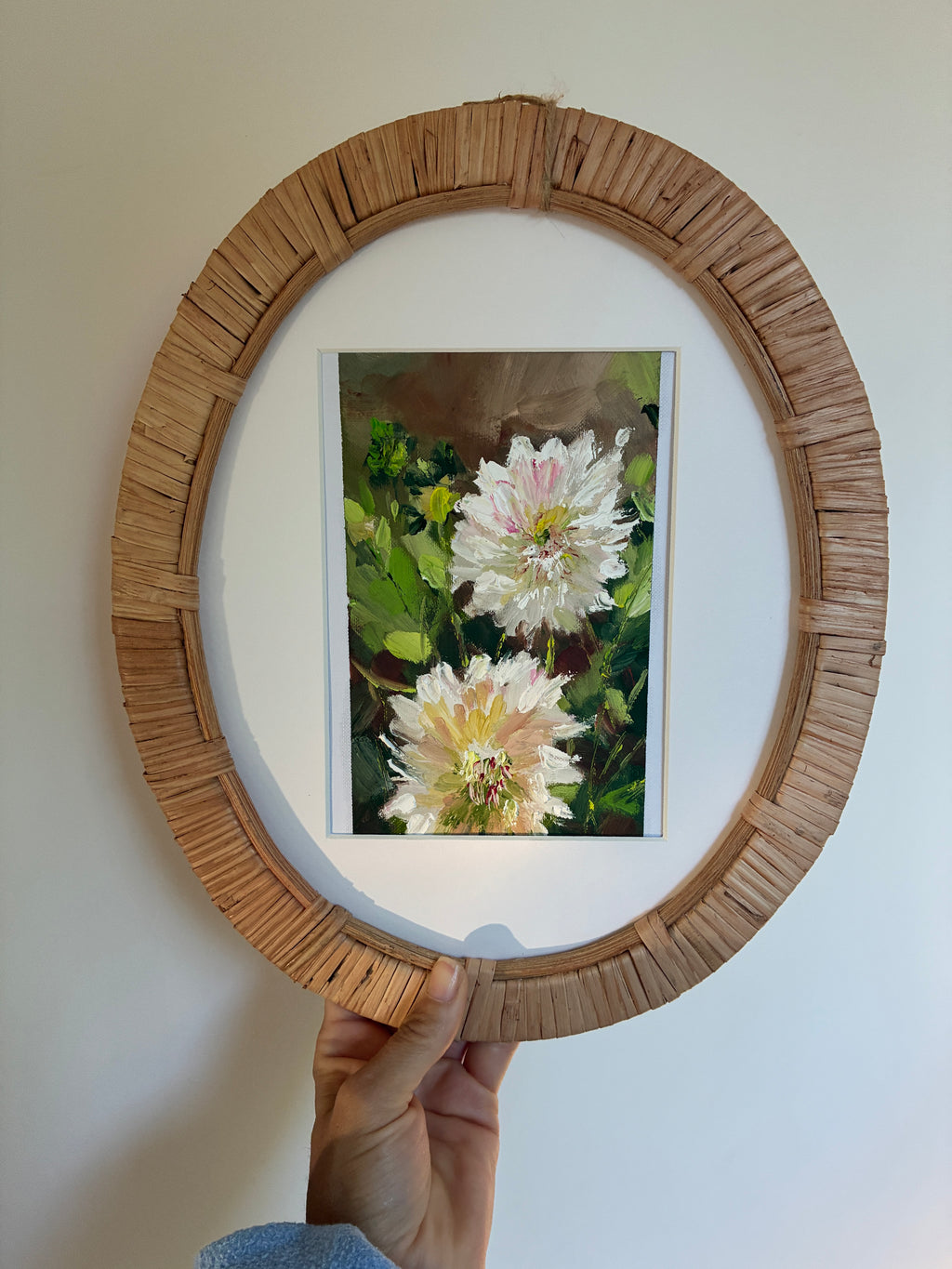 A Day in My Garden – Oil on Paper 5x7, Framed in Rattan Oval 11x13