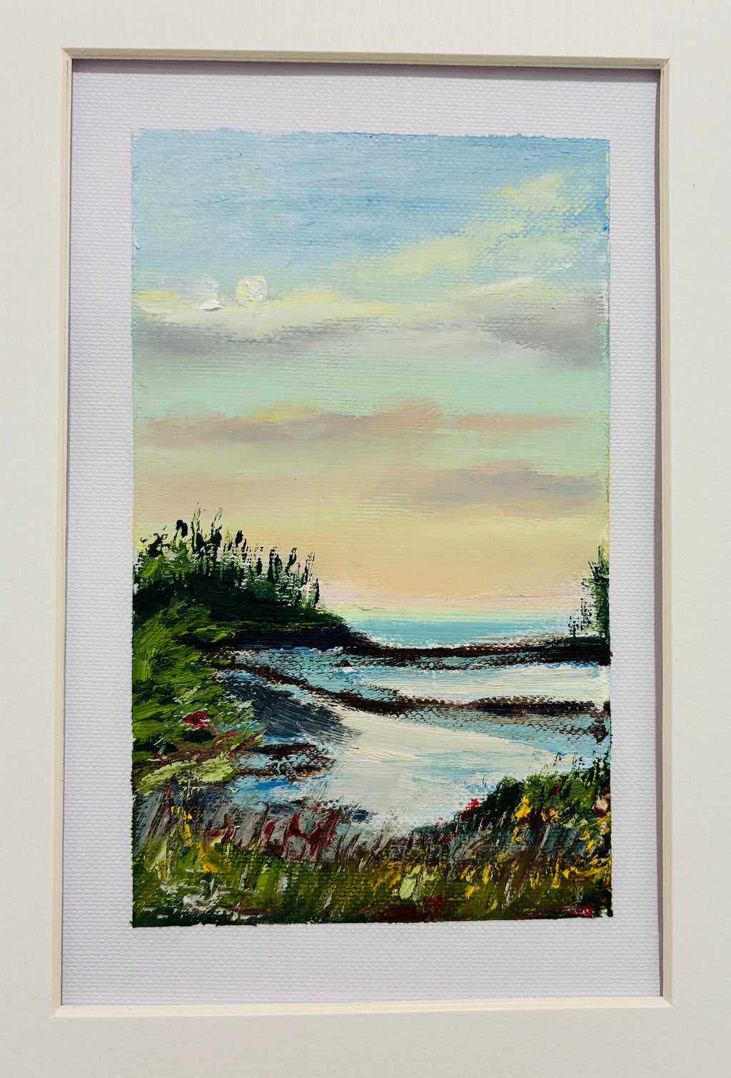 Hello Moon - Original Oil Painting on Paper, Oak Frame